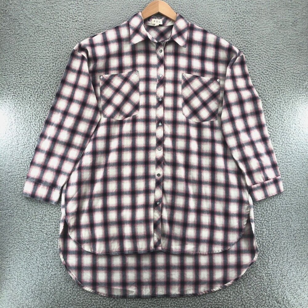 POL Shirt Womens Large Pink Plaid Button Long Sleeve Pockets High Low Oversized